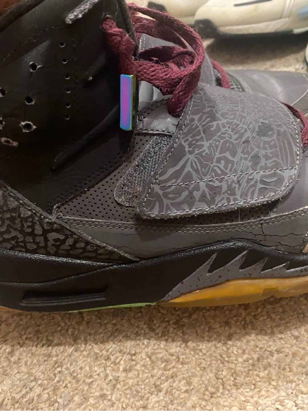 Jordan 2012’s Burgundy and Gray High-Top Sneakers with yellow and teal Accents. - Picture 8 of 11